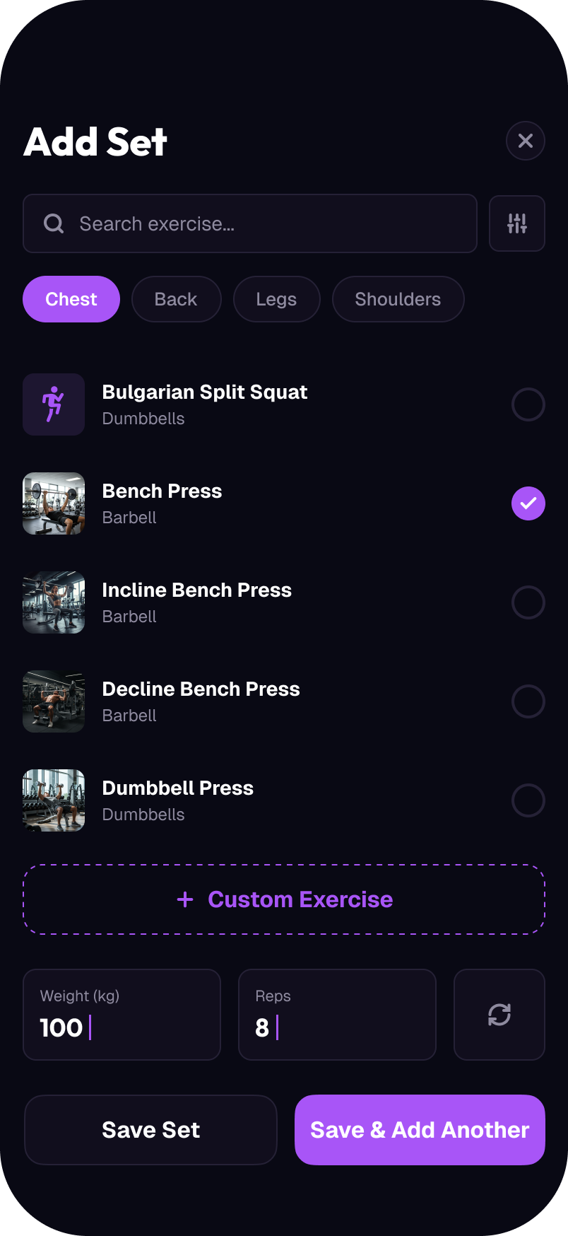 Add Set screen with muscle-group filters, exercise list, weight and reps