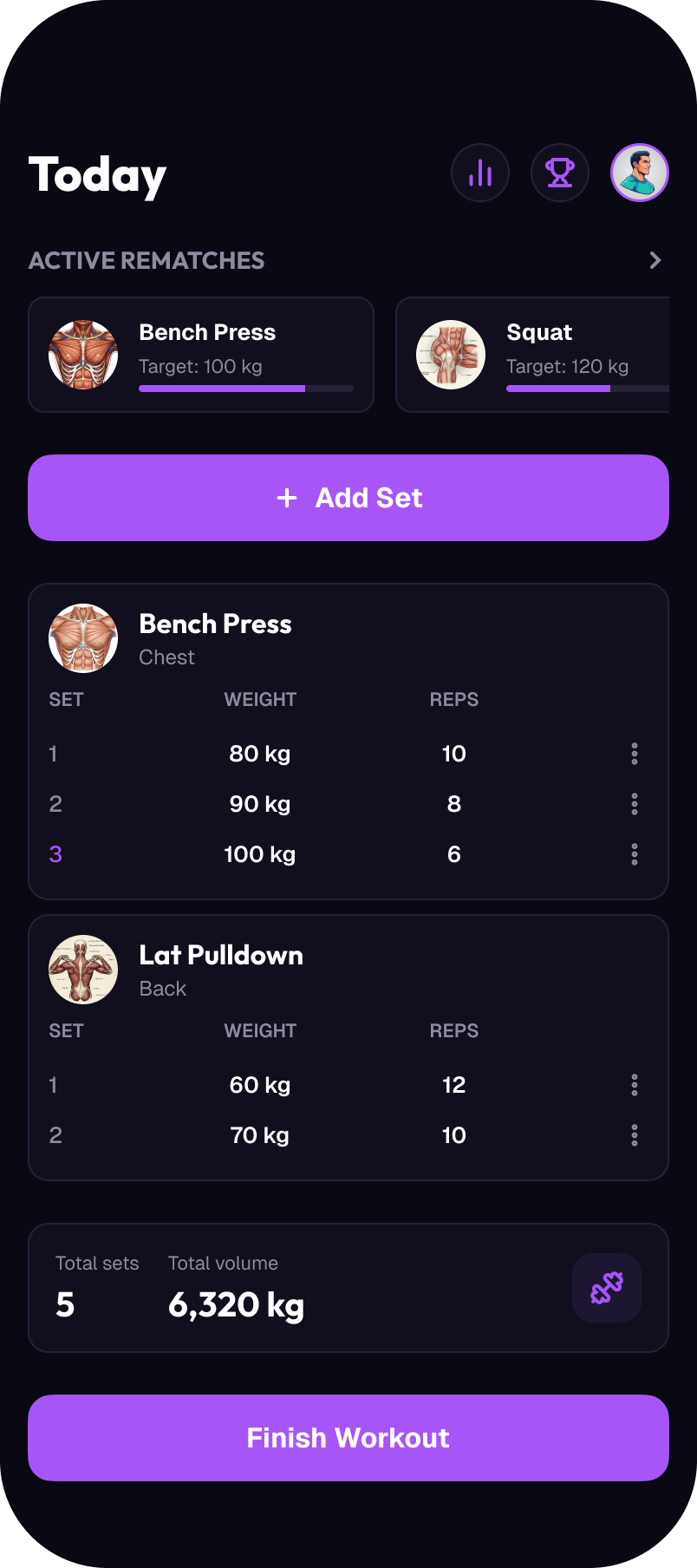 WIN STATS home screen with active rematches and the current workout log